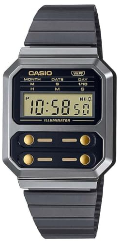 Casio Reloj Cuarzo Unisex 33.00mm con dial Digital Negro y Correa de Pulsera de Metal Negro y Plata A100WEGG-1A2EF