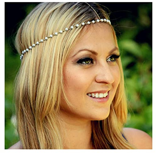 Inilbran Bohème Perlenkopfkette Silber Perlen Haarkette Stirnband Hochzeit Kopfteil Gyspy Kopfschmuck Hochzeit Haarschmuck Für Frauen Und Mädchen