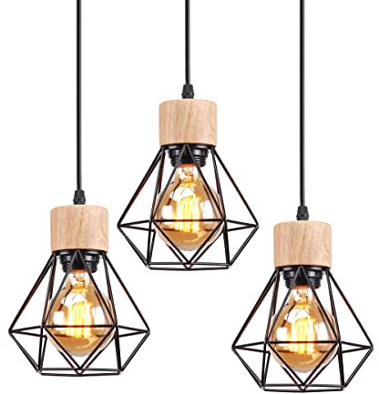 TOKIUS Lot de 3 Suspensions Luminaires Vintages Industrielles Lustres Abat-jour en Métal et Bois Ø160mm Plafonnier E27 avec Bois Rétro Pour Salon Cuisine Chambre (3pcs)