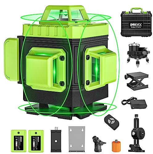 IMAYCC Laser Level Green Self Leveling 16 Lines 4Dx360°Adjustable Brightness Horizontal and Vertical Cross Line with Manual and Pulse Mode for Indoor Outdoor,2xBatteries,Remote Control,and More