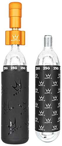 Peaty's Holeshot CO2 Inflator - Reifenfüller Fahrrad mit 2 x 25g CO2 Kartusche, Aufblaskopf und Frostschutzhülle, CO2 Fahrradpumpe Alternative zur Luftpumpe, Geeignet für Presta-Ventile, MTB, Orange