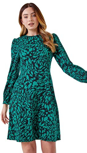 Roman Originals Women Animal Print Jacquard Dress - Ladies Autumn Everyday Winter Holiday Pull-On Round Neck Long Sleeves Comfy Soft Vacation Work - Forest - Size 20