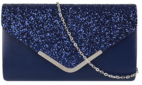 MilyaDE Damen Clutch Glitzer Abendtasche Envelope Umschlag Glänzend Braut Handtasche Hochzeit Party Unterarmtasche Umhängetasche Schultertasche mit Ketten Gurt, Blau
