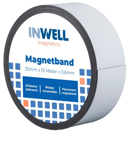 Inwell - Magnetband 35 mm in Farbe weiß auf Rol | 10 meter | NICHT Selbstklebend | Beschreibbare weiße Vinylschicht | Starker Magnetkraft | Magnetstreifen