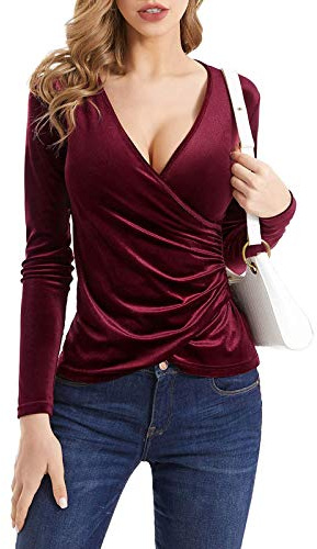 Oberteile Damen Sexy Langarm Tiefer V-Ausschnitt Wickel T Shirt Samt Seidentop Bluse Comfort Fit Langarmshirt Pullover Hemden Blusenshirt T-Shirt Oberteil für Frauen Party Club Alltag Festlich