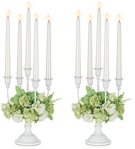 Nuptio 5-Kerzen Kerzenleuchter Kerzenhalter Weiß: Satz von 2 Metall Kerzenständer Stabkerzen Kandelaber Kerzenhalter Kamin Hochzeit Empfang Antike Dekorative Esstisch Weihnachten, 29.5cm