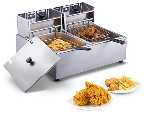 VEVOR Freidora Eléctrica Comercial 2 Tanques 12 L 5000 W Freidora de Aceite de Acero Inoxidable con 2 Cestas para Freír Tapas Temperatura Ajustable 50-200 °C para Aros de Cebolla Pollo Papas Fritas
