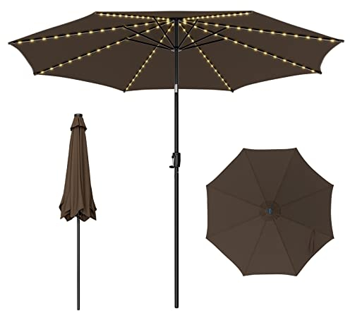 COSTWAY Sombrilla Terraza Exterior Ø300 cm con Solar LED 112 Luces, Sombrilla Jardin Inclinable, Manivela, 8 Costillas, Protección UV, Parasol Jardin Piscina Terraza Playa (café)
