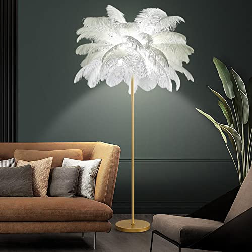 pombconw Floor Lamp, Feather Floor Lamp with Gold Finish & LED Tall Lamps 160cm Simple Modern Stand Light Ostrich Feather Shade Palm Tree Lamp for Bedroom Living Room Corner Decor Room,White