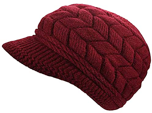 AUSUAYA Damen Wollmütze mit warmen Fleece gefüttert, Strickmütze mit Visier für Schnee Ski kaltes Wetter Winter WS-H1 (Burgundisch)