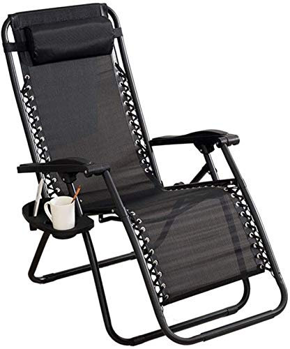 Leichter klappbarer Liegestuhl, Zero-Gravity-Stühle, verstellbarer Terrassen-Lounge-Liegestuhl mit Lordosenstützkissen und Beistelltisch, schwarze Sonnenliege, Gartenstühle (Farbe: Schwarz, Größe: