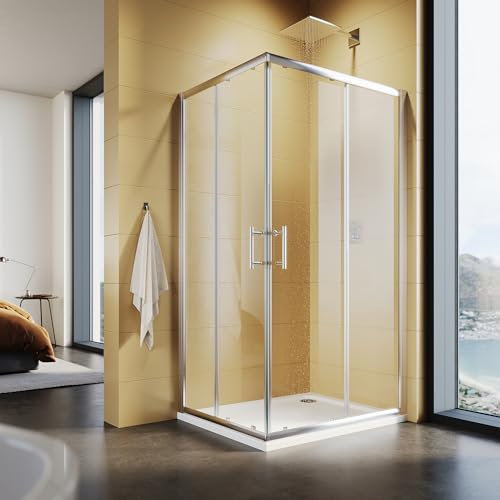 SUNXURY Cabina de ducha esquinera 70 x 100 cm, doble puerta corredera, puerta corredera, 5 mm, cristal de seguridad, marco plateado, altura 195 cm
