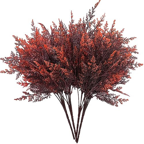 CATTREE Künstliche Farnpflanzen, Sträucher aus Kunststoff, Boston-Farn, künstliche Blätter für den Innen- und Außenbereich, Garten, Küche, Büro, Hochzeit, Party, Weihnachten, DIY-Deko, Rot, 4 Stück