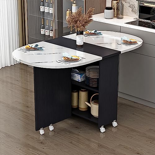 Gtzly Drop-Leaf-Esstisch mit Abgerundeten Ecken, Klappbarer Esstisch mit 2 Lagerregalen Und Rollen, Ausziehbarer Retro-Esstisch mit GeräUmiger Tischplatte (Color : Negro, Size : 120cm/47.2in)