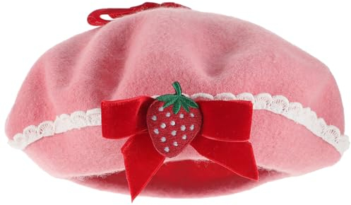 ABOOFAN Damen-Baskenmütze Erdbeer-Schleife Woll-Baskenmütze Französische Künstlermütze Erdbeer-Kostüm Französische Malermütze Wollmütze Modische Warme Mütze Für Weihnachten Frauen Mädchen