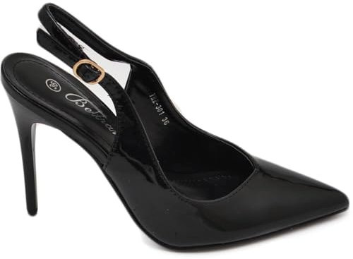 Scarpe Decollete Slingback Donna Elegante Punta in Vernice Lucida Nero Tacco 12 cm Cerimonia Cinturino Retro Tallone (41 EU)