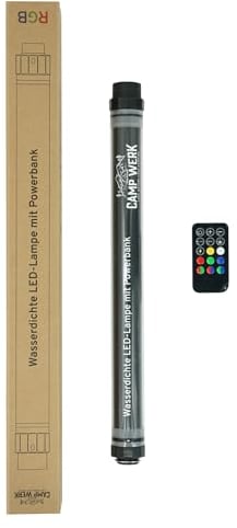 CAMPWERK LED-Camping-Lampe RGB mit Powerbank IP68, Outdoorlampe, multifunktionale Campinglampe, Aufladbar, Helles Licht