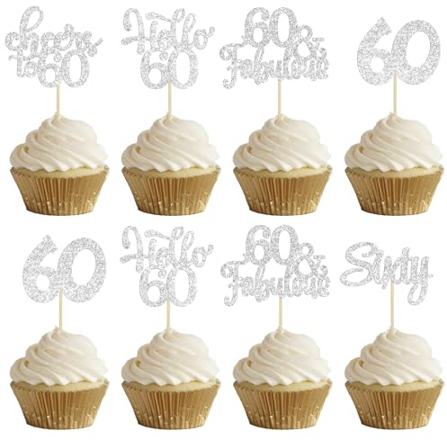 30Pcs Happy 60th Birthday Cupcake Toppers Silver Glitter Sixty Cake Toppers Cheers to 60 Years Old Birthday Cupcake Picks for 60th Birthday Anniversary Party Cake Decorations Supplies