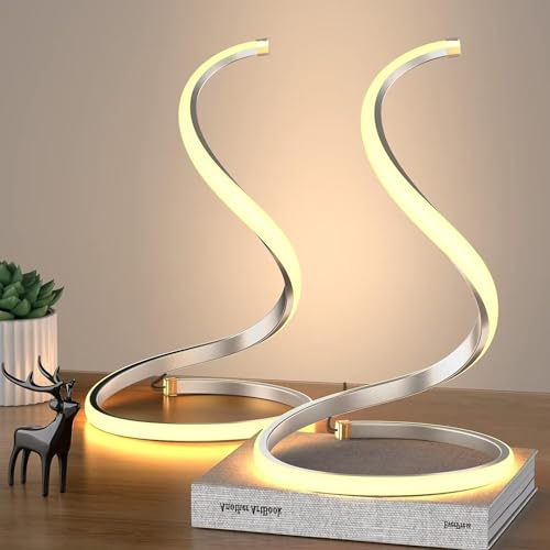 NUÜR Table Lamps for Bedroom Set of 2, Sliver Bedside Lamps, Nightstand Lamp, Stepless Dimmable, Curved Art Decorative Table Lamp for Bedroom Living Room Office Home