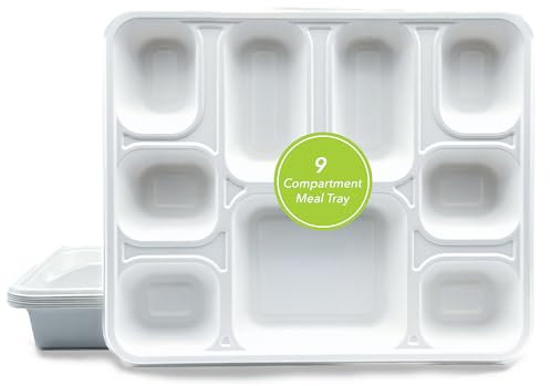 three leaf 9 COMPARTMENT BAGASSE RECTANGULAR PLATE, 25 Ct. Heavy-Duty- Super Strong- Natural- Eco-Friendly Disposable Bagasse Plates, 100% Biodegradable 9 compartment plates