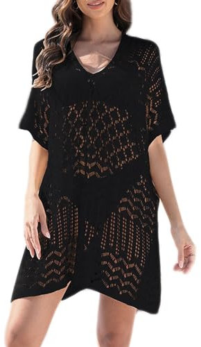 Baynetin Vestido de Playa, Mujer Verano Crochet Hollow out Swim Cover Up, Traje de Baño Punto Sexy V-Cuello Suelto Bikini Cover up Sheer Dress (Negro)