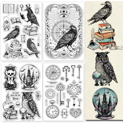 GLOBLELAND 4 Blatt Durchsichtige Stempel Mit Magischer Kristallkugel Eule Und Kerzen Für Die Kartenherstellung 11x16 cm Vintage Magic Silikon Durchsichtige Stempelsiegel Transparente Stempel