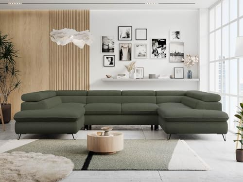MKS MEBLE Sofa U-Form Grün, Wohnlandschaft U-Form, Sofa mit Schlaffunktion und Bettkasten, Schlafsofa mit Bettkasten, Couch mit Verstellbare Kopfstützen - Peter U - Grün Boucle