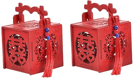 AOKWAWALIY Lot de 2 boîtes à bonbons chinoises double bonheur pour mariage - Mini sacs Cajitas Para - Décoration en bois - Bambou rouge - Style chinois