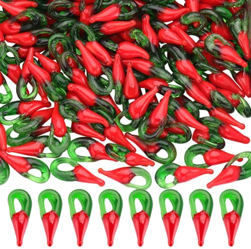 SUNNYCLUE 1 boîte 180 pièces Breloques en Forme de Poivre en Verre au Chalumeau Faites à la Main Mini 3D Piment Rouge Miniature Piments Forts Breloque Végétale pour la Fabrication de Bijoux Breloques