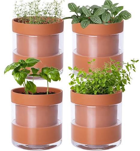 Phoenix Vine 10,2 cm selbstbewässernder Pflanztopf aus Terrakotta-Ton, mit Glasspeicher für Zimmerpflanzen, Kräuter, Blumen, 4er-Set, 52-A-E-4