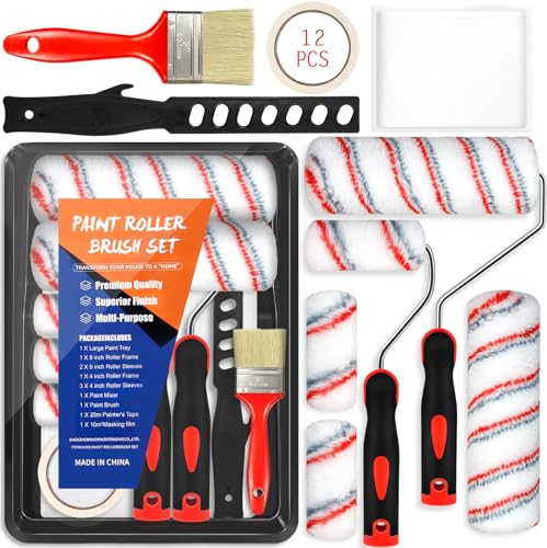 FAMKEEP Kit Rullo e Vaschetta per Verniciare,12PCS Rullo Pittura Kit,Con Nastro Adesivo, Fogli Antipolvere,Vassoio,Telai per Rulli,Pennelli da Pittura Rullo per Imbiancare Pareti