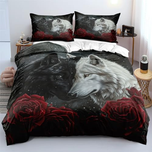 YUTNSAN Bettwäsche 200x200cm Wolf Paar Rot Rose Muster 3 Teilig Kinderbettwäsche Set Mikrofaser 3D Tier Schwarz Weiß Wölfe Bettbezug und Kissenbezug 80x80cm