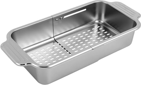 JAYEUW Colador de acero inoxidable 304, escurridor extensible, colador de cocina, colador extensible, sobre fregadero, colador de cocina, colador para frutas, verduras, vajilla de 34 cm a 44 cm