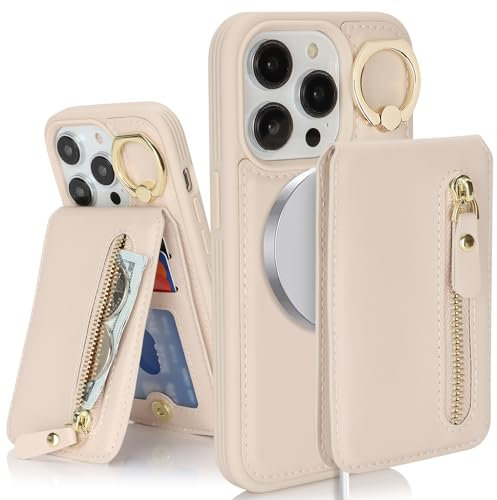 SailorTech iPhone 14 Pro Case with Card Holder, Ring Stand, Kickstand, Wallet, Apricot