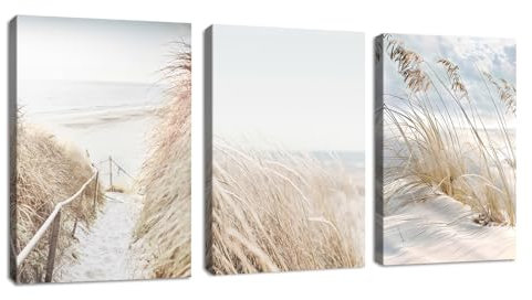 3 Teilig Strand Schnee Landschaft Bilder Set, Modern Beige Natur Pflanzen Wandbilder mit Rahmen, Boho bild auf leinwand Wandkunst Kunstdruck Deko für Wohnzimmer Schlafzimmer Küche Esszimmer 30x40x3