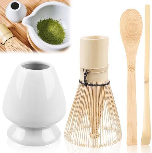 Juego de Matcha de 4 Piezas - Escoba, Cuchara, Cerdas de Whisk, Soporte para Cepillo de Té de Cerámica - Accesorios para Polvo de Matcha