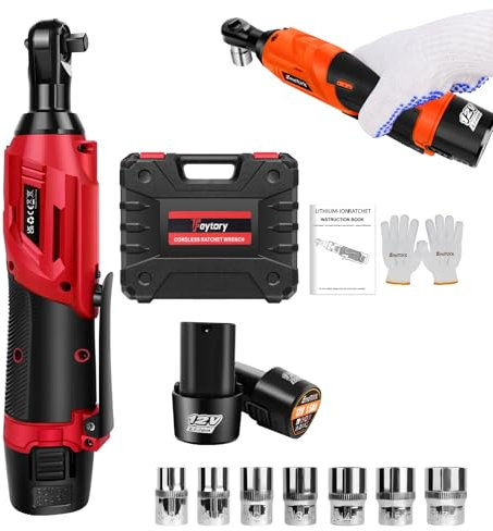 Royalswill Red 3/8 Inch Cordless Ratchet Wrench 12V Power Right Angle Electric Ratchet Wrench Multi-Purpose Repair Tool with 2 Rechargeable Lithium-Ion Battery and 1 Charger