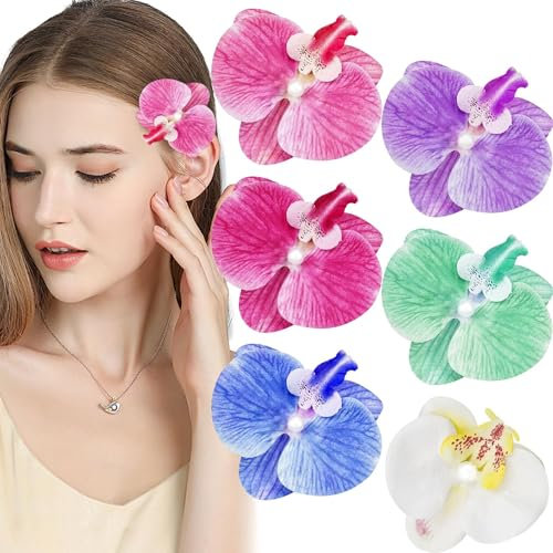 6 PACK Orchid Flower Hair Clips, Phalaenopsis Flower Hawaiian Alligator Clips, Bohemian Butterfly Orchid Hairpin, Big Bohemian Hair Pins Hair Accessories for Women Girls Bridal Wedding