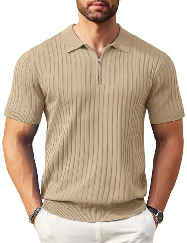 COOFANDY Mens Polo Shirts Short Sleeve Zipper Golf Non Iron Polo Knitted Slim Fit Stretch Polo T-Shirts Khaki M