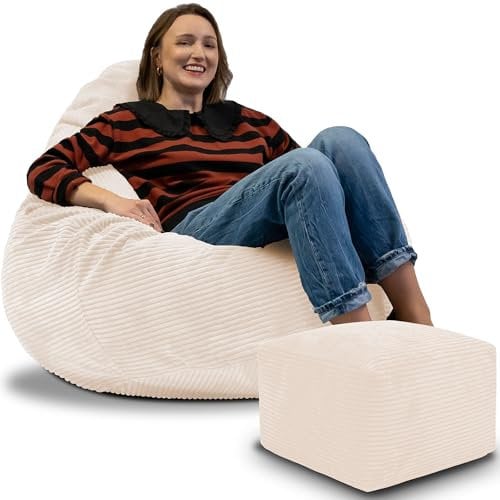 DreamRoots Sitzsack Erwachsene Cord oder Kinder - Bean Bag Sofa - Sitzsack Cord mit Hocker und Bezug - Sitzsäcke mit Füllung 90x90x100 cm Vanilla Ice