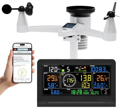 Urageuxy Wetterstation Wlan 7-in-1 mit Regenmesser & Windmesser, Innen-/Außenthermometer, Hygrometer, Luftdruck, UV-Index, Wettervorhersage, Mondphasen, für präzise Wetterdaten