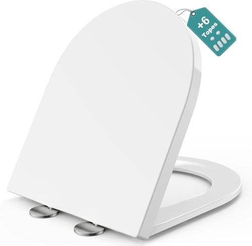MEEJEE Tapa Wc Forma D con Cierre Suave, Asiento Inodoro Blanco Universal, Tapa de Vater con Desmontaje rápido, Tapa Inodoro Montaje Rápido, Tapa de Wc Para Familias