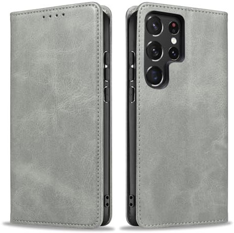 LBH Handyhülle Smartphone-Hülle für Samsung Galaxy S22 Ultra Klapphülle Magnetverschluss Kartenfächer Geldfach Standfunktion Case Etui Rundumschutz Schutzhülle Grau