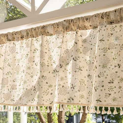 NSXIN Scheibengardine Halbtransparent Bistrogardine Blumen Küchengardinen Landhausstil Gardinen Quasten Vorhänge Kurz für kleine Fenster Küche Wohnzimmer (Gardenie,142cm*46cm)