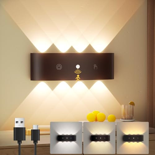 1 Pezzi 6000mah Applique Led da Parete Interno, Lampada a Batteria da Parete con Sensore di Movimento, Lampada Muro Senza Fili Ricaricabile Lampade Senza Corrente per Soggiorno Camera Cucina - Nero