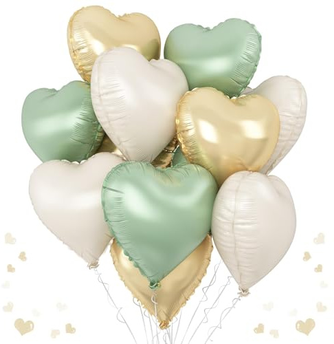 Herzförmige Luftballons in Salbeigrün und Gold, 45,7 cm, Grün/Creme/Weiß, Helium-Folienballon für Dschungel, Wald, Geburtstag, Hochzeit, Babyparty, Party-Dekoration, 12 Stück