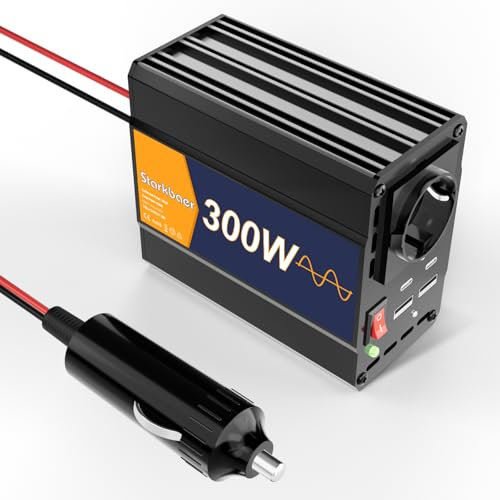 Starkbaer 300W/600W Wechselrichter Reiner Sinus 12V auf 230V Spannungswandler, Pure sine Auto Inverter, 4X USB & 1xAC Steckdosen Stromwandler. Kfz-Zigarettenanzünder-Stecker, Alu-Legierung.