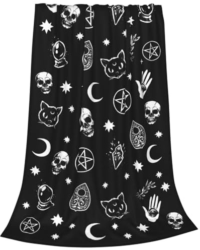 Newhomestyle Halloween-Überwurfdecke, Gothic-Totenkopf-Katze, Mond, leicht, warm, Anti-Pilling-Flanelldecke, gemütliche Ganzjahres-Fleecedecke, Heimdekoration für Bett, Schlafzimmer, Wohnzimmer, Sofa