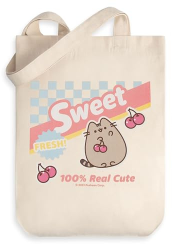 Pusheen Sweet Cherry Ladies Beige Tote Bag | Cartoon Design with 'Sweet, Fresh!, 100% Real Cute' Text | Ideal for Shopping & Carrying Items | Pusheen Merch