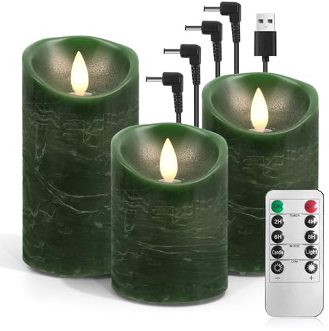 AnnSpa 3 Set Led Kerzen Aufladbar mit Fernbedienung, Wiederaufladbare Kerzen Flammenlose Echtes Wachs Flackern Moving Wick Yellow Light Pillar Candles mit Timerfunction für Geschenke - Grün